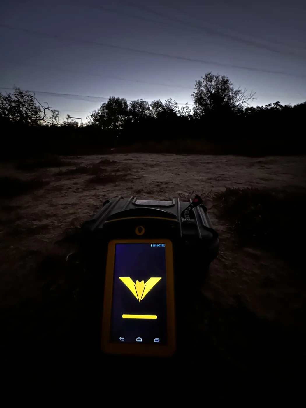 A handheld bat detector glowing on a case at dusk, with dark bush behind it.