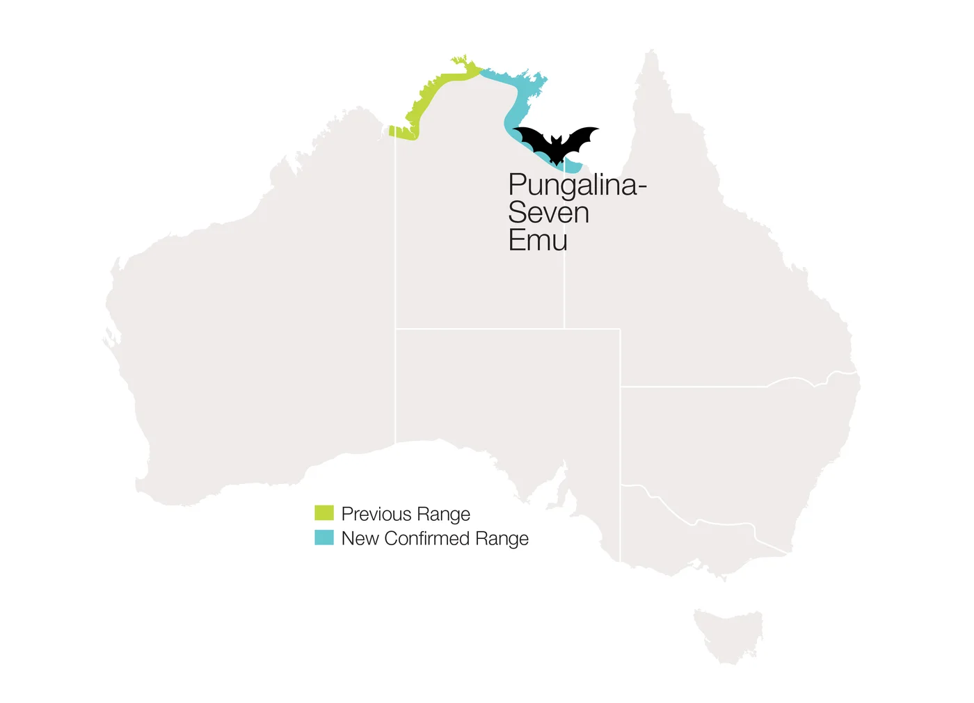 Map of Australia. The previous range runs along the Northern Territory’s northwest coast; the newly confirmed range extends east along the Top End to Pungalina-Seven Emu on the Gulf of Carpentaria.