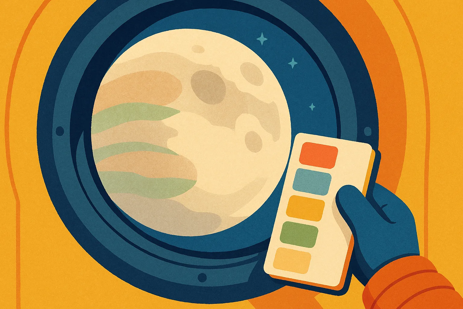 Illustration of a spacecraft window view of the moon showing subtle tan, brown, green and blue hues, with an astronaut's gloved hand holding a notebook of color swatches.