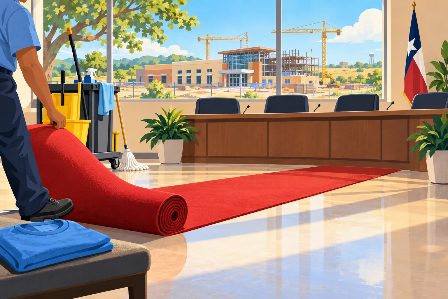 Illustration of a small red carpet unrolling across a meeting room floor beside a custodian's cart, with a new school under construction visible through the window.