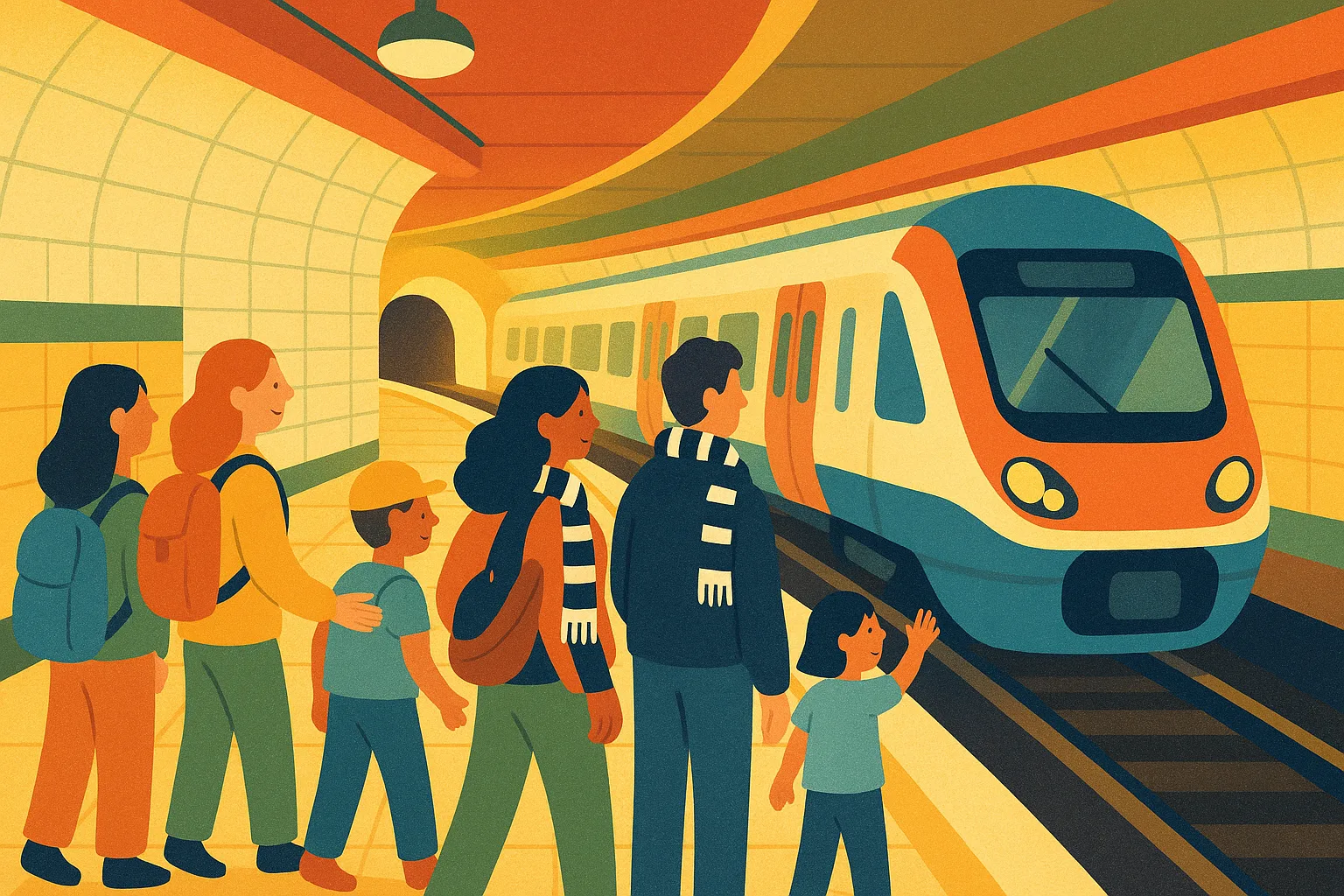 Illustration of a modern underground train station where an electric train arrives as families and rugby fans wait on the platform.