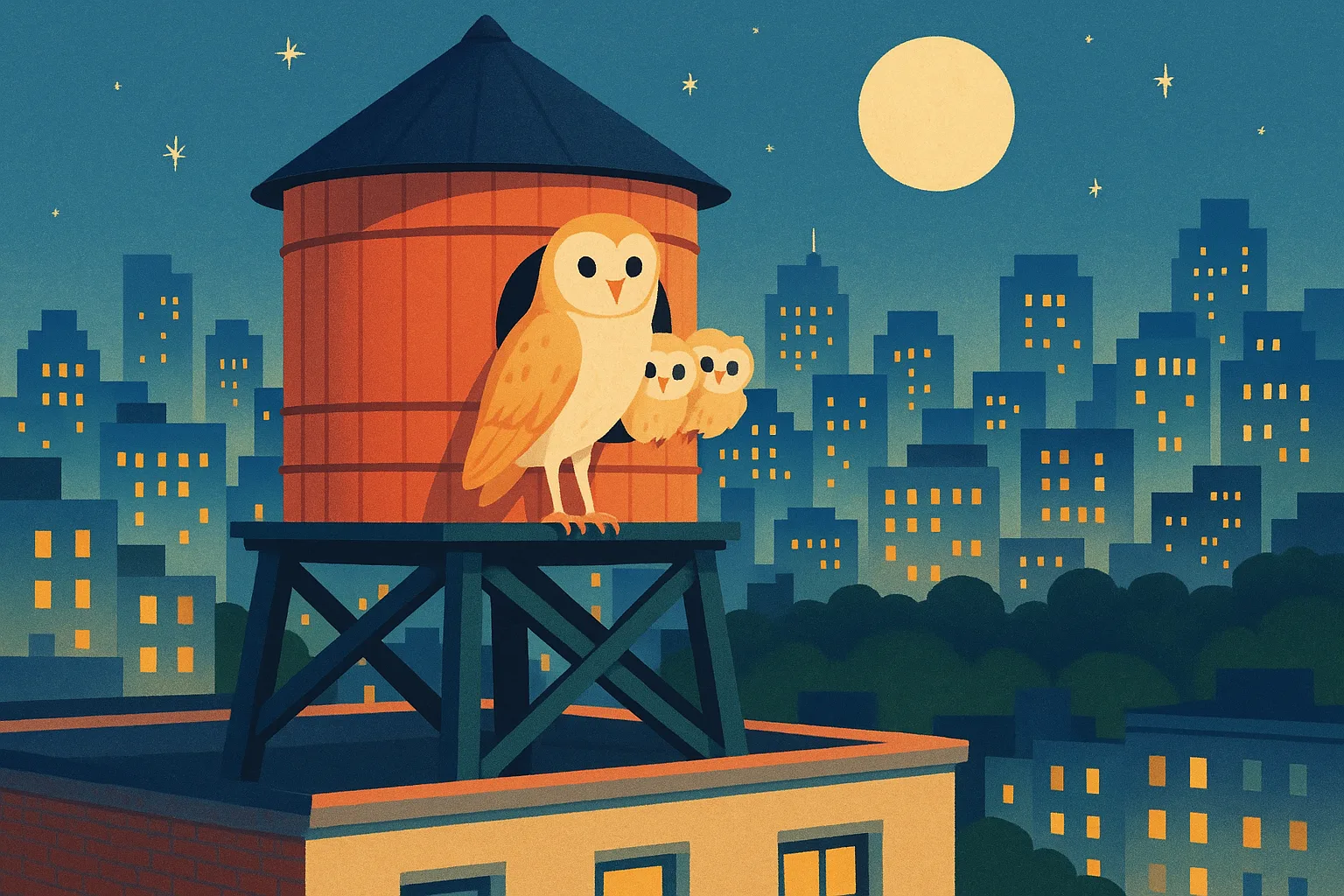 Illustration of barn owls perched at a hole in a wooden rooftop water tower above a moonlit Manhattan street.