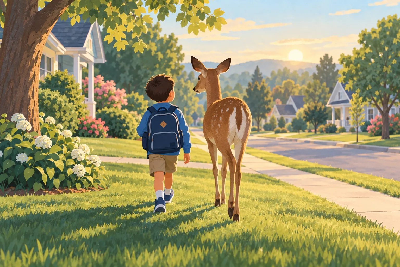 Illustration of a boy with a backpack walking beside a deer across a suburban lawn in the early morning.