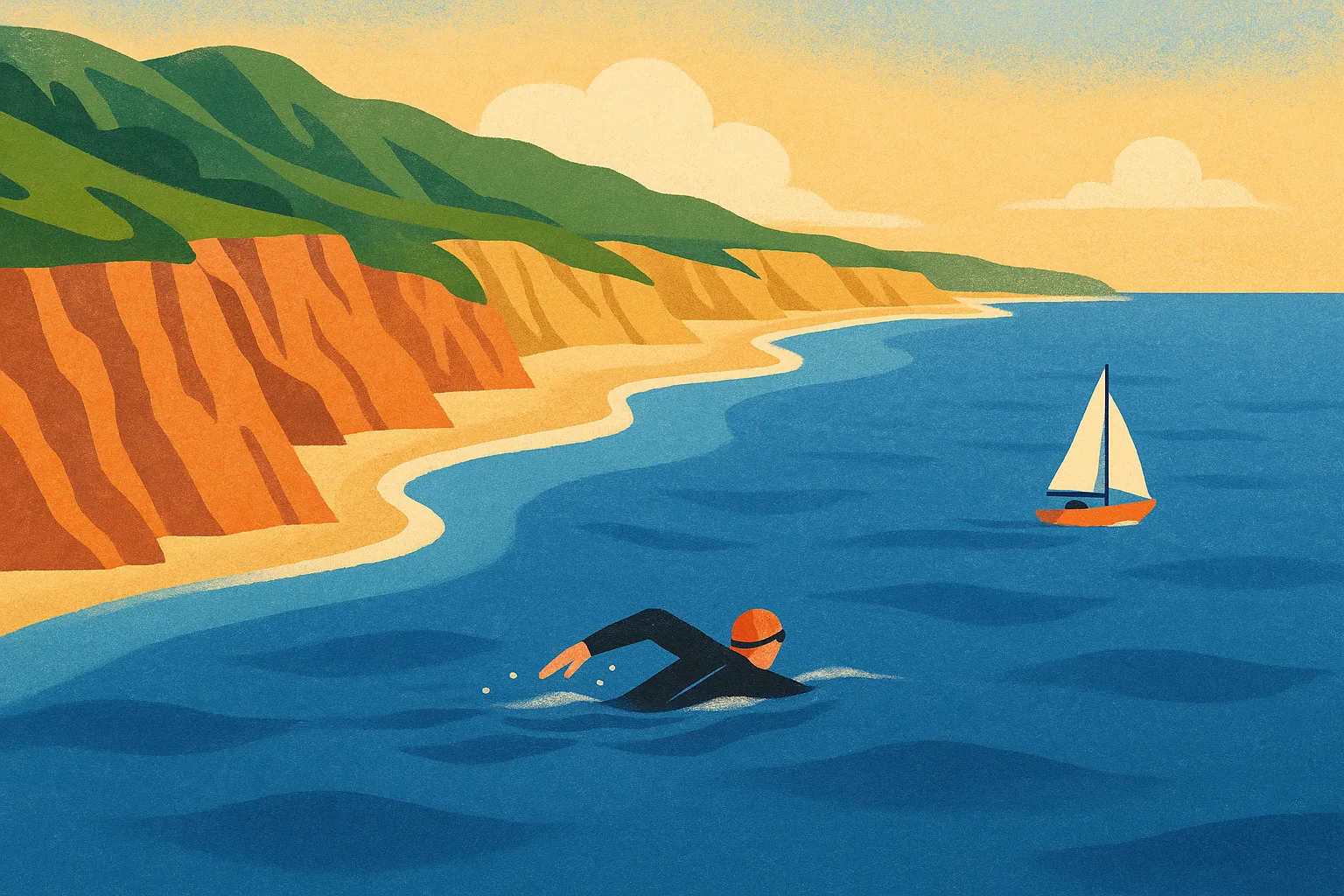 Illustration of a distant swimmer moving down a long California coastline with a small support sailboat alongside.
