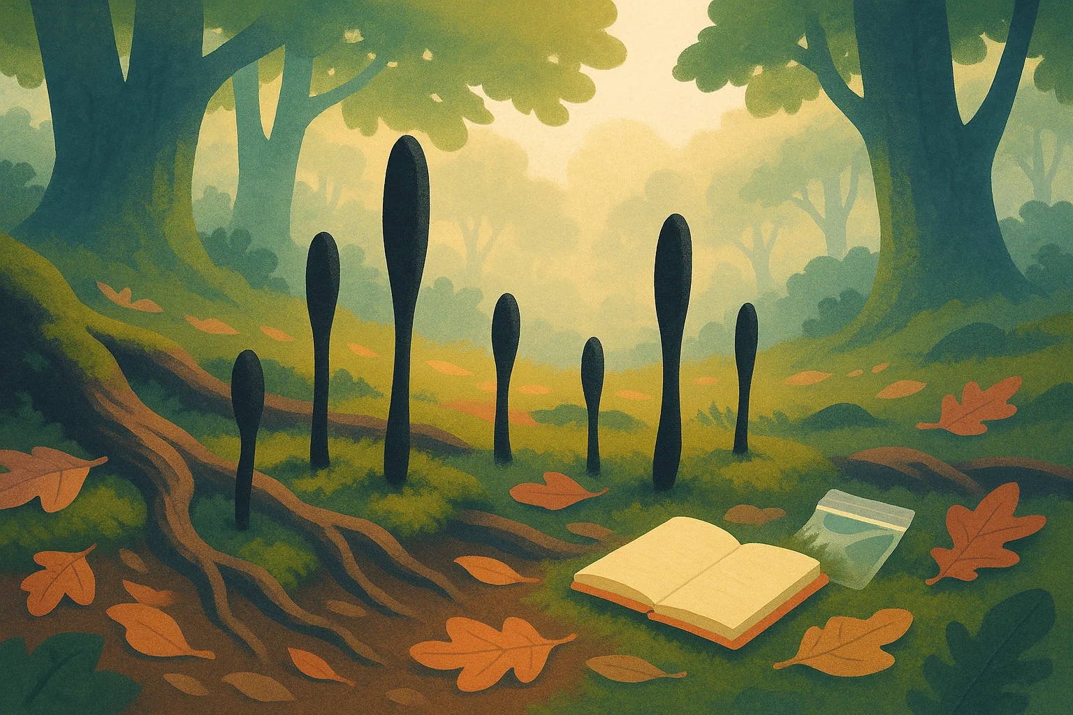 Illustration of tall, upright dark fungal stalks growing from oak roots on a misty forest floor, with a field notebook nearby for scale.