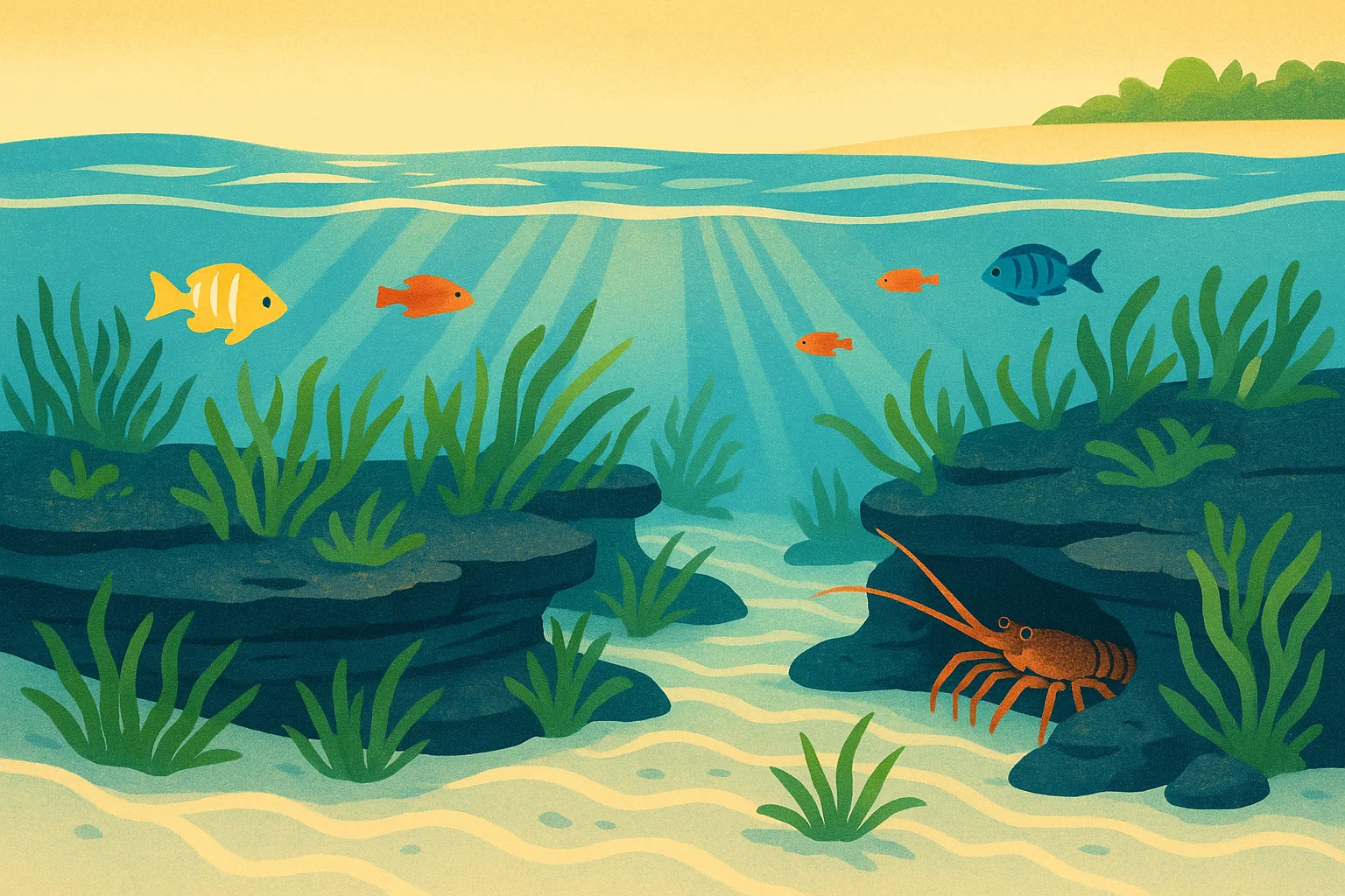 Illustration of dark peat slabs on a shallow sandy seabed, covered in seagrass and seaweed, with small fish and a spiny lobster sheltering among them.