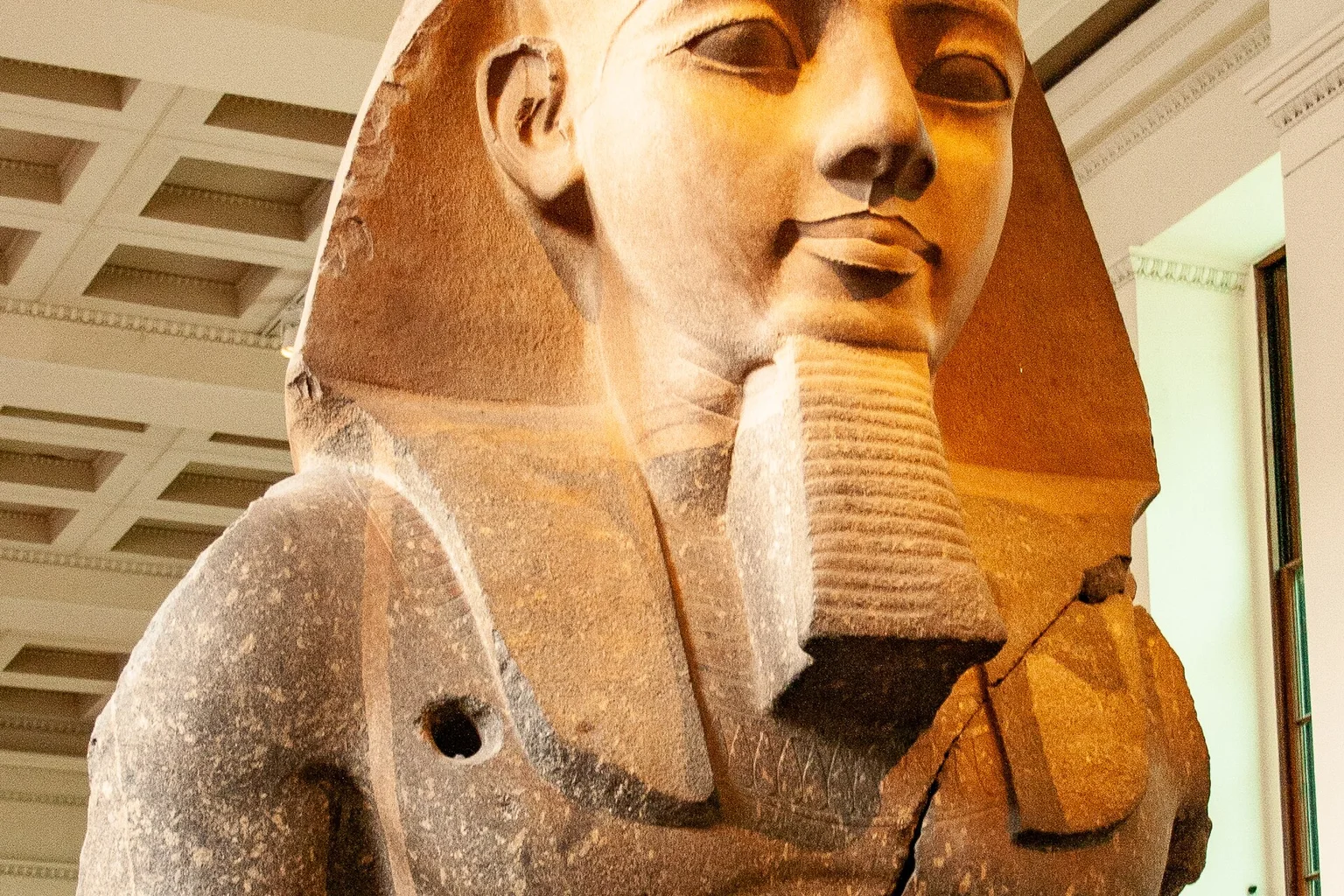 Colossal granite bust of Pharaoh Ramesses II wearing a royal headcloth, displayed in a museum hall