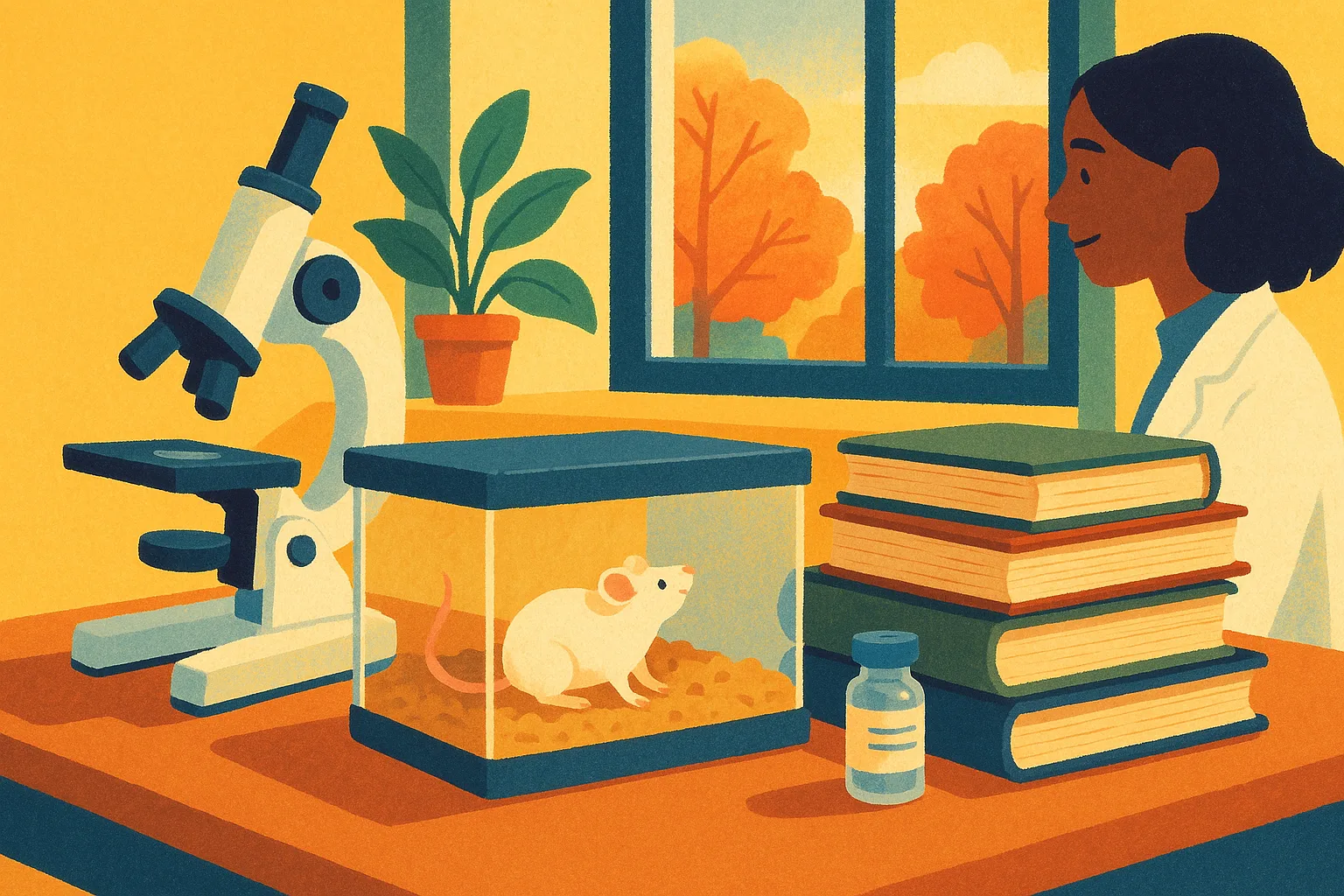 Illustration of a sunlit research lab bench with a microscope, a white lab mouse in its habitat, old notebooks and a medicine vial, with autumn trees outside the window.