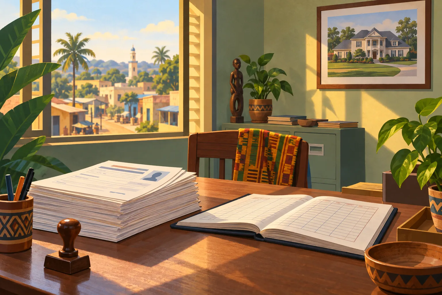 Illustration of a registration desk with forms and a ledger, with a framed picture of a large suburban house on the wall behind it