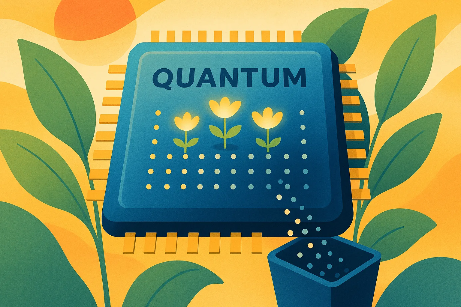 Illustration of a quantum chip drawn like a garden bed, where a few glowing points flourish while most are discarded.