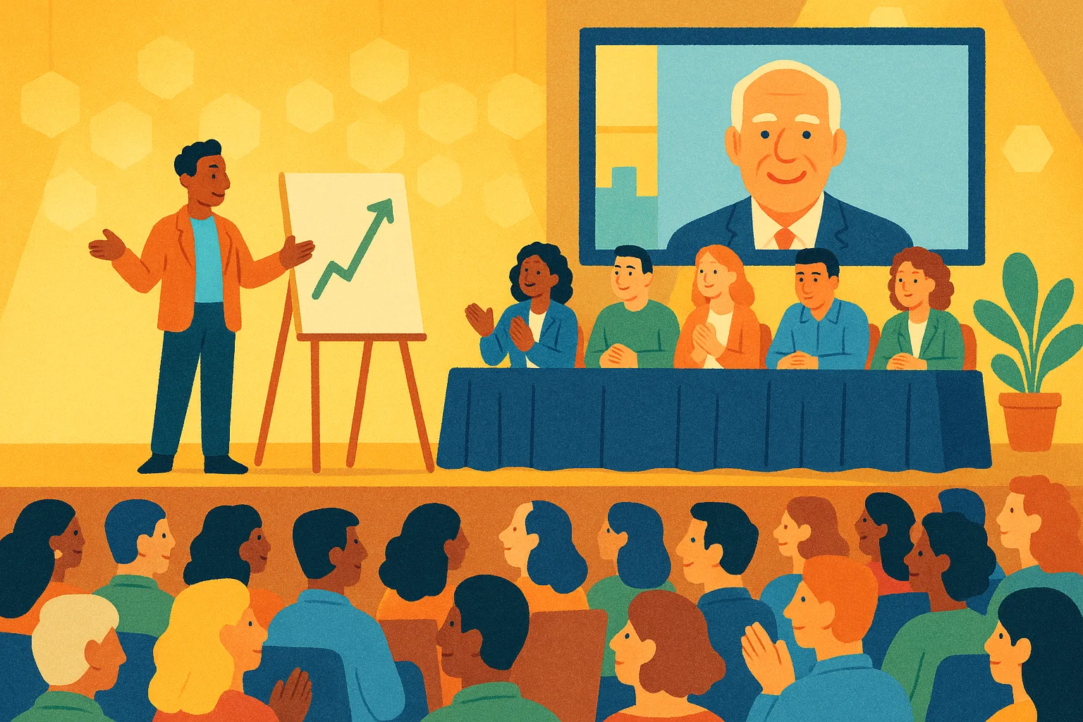Illustration of a pitch night: a founder presents at an easel to a five-person investor panel while a guest investor appears on a large video screen and a crowd watches.