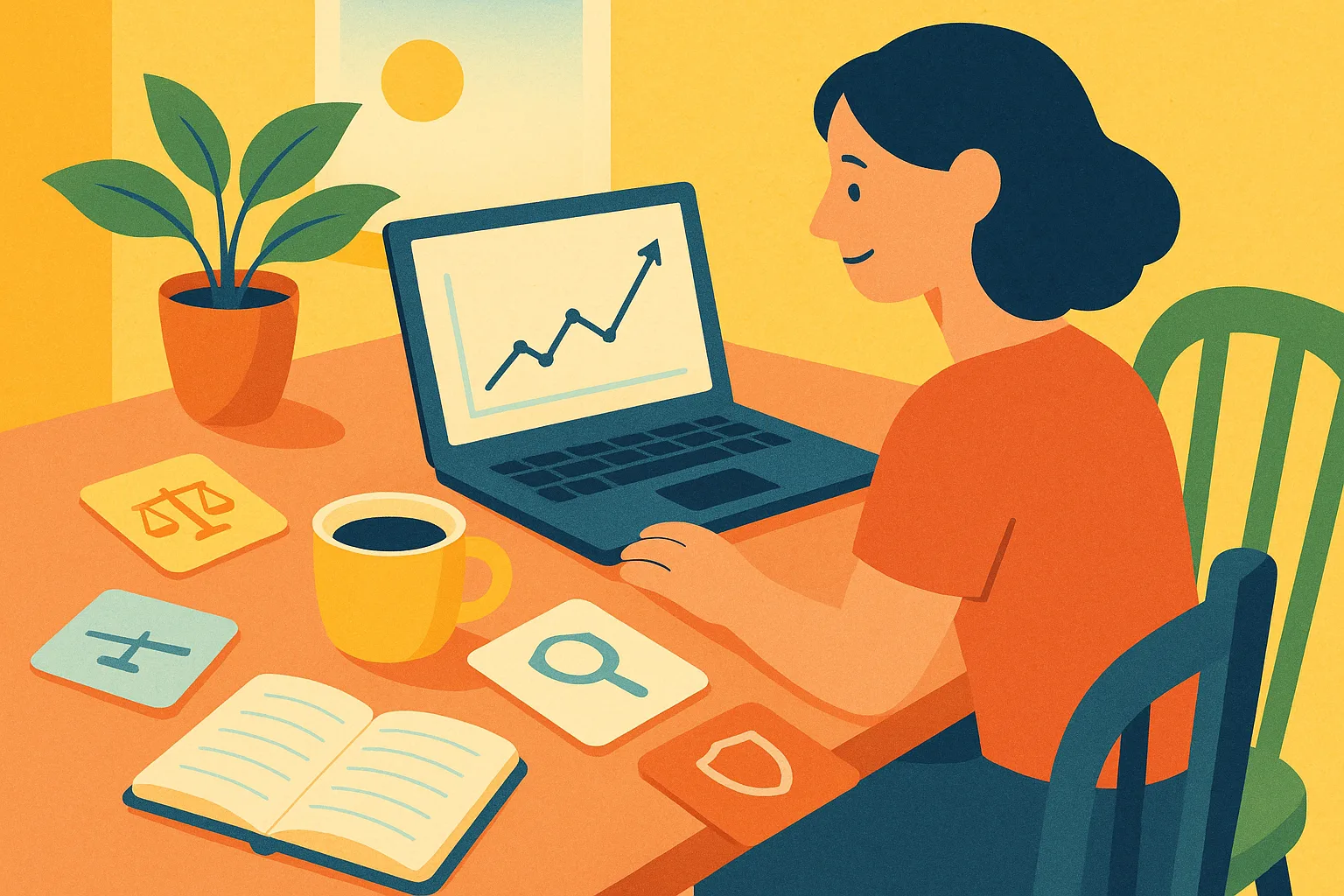 Illustration of a kitchen table with a notebook, coffee, a laptop showing a line chart, and cards with symbols for balance, leverage and protection.