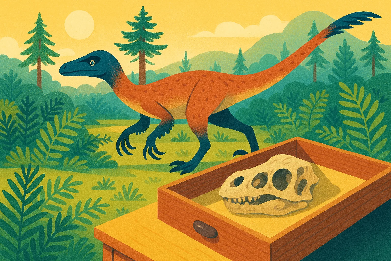 Illustration of a feathered, long-clawed dinosaur in an ancient forest, with a fossil skull fragment resting in an open museum drawer in the foreground.