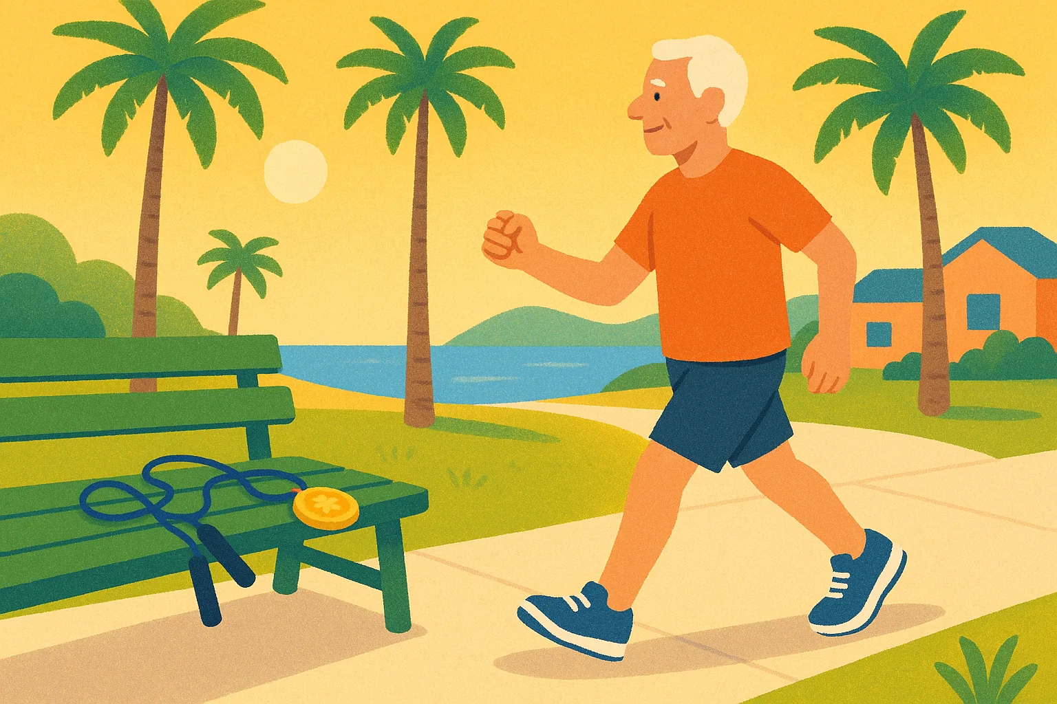 Illustration of an older man walking briskly down a sunny coastal sidewalk, with a jump rope and a medal resting on a park bench nearby.