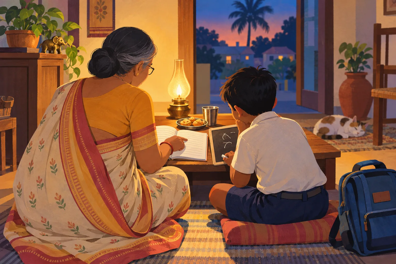 Illustration of an older woman and a young boy studying together at a table at home, sharing a notebook and slate in the evening light.