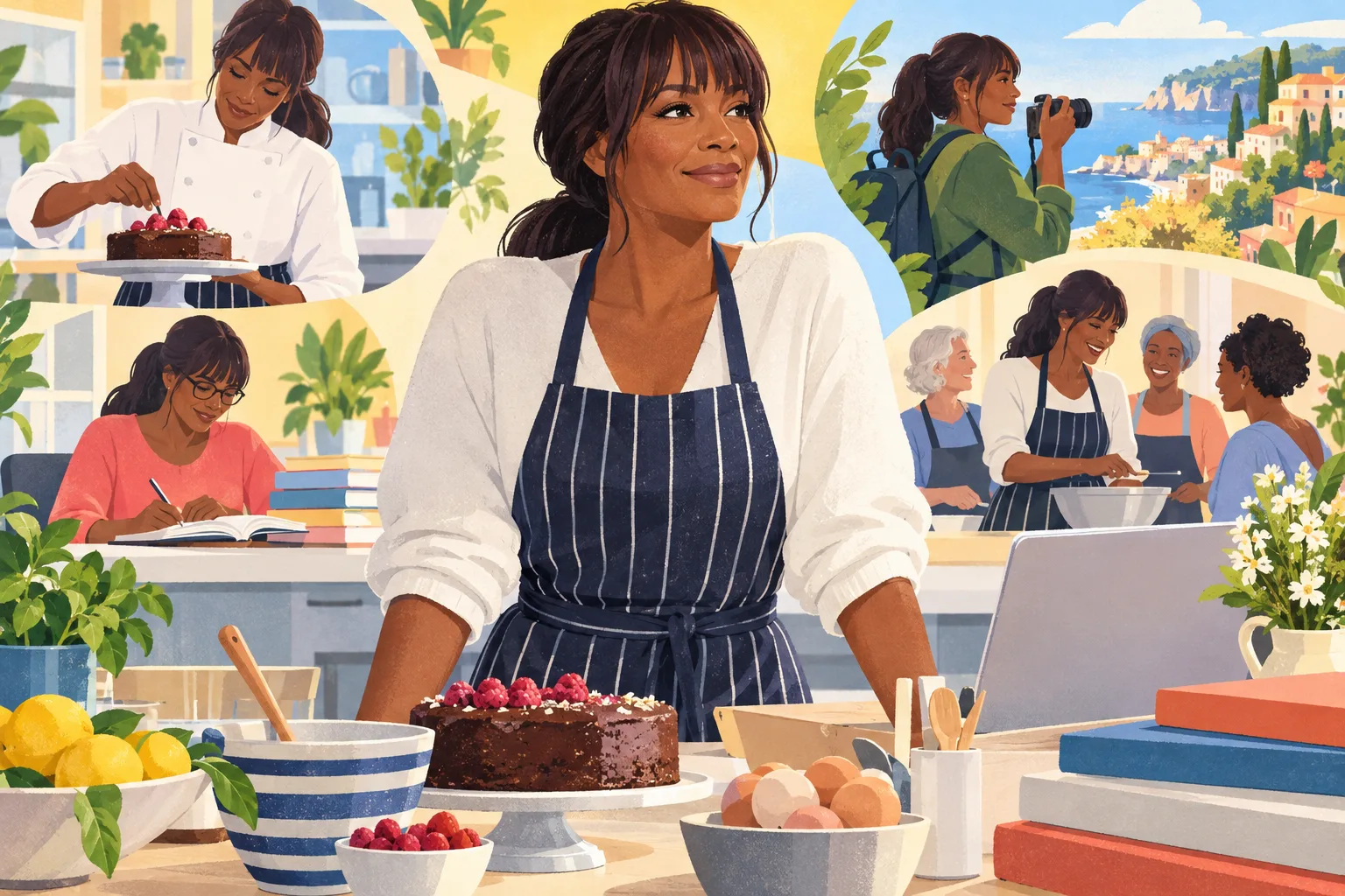 Illustration of a smiling woman in a striped apron at a kitchen counter with a chocolate cake, eggs and books, surrounded by scenes of her other careers: a pastry chef, a student writing notes, a photographer by the sea and a cooking class.
