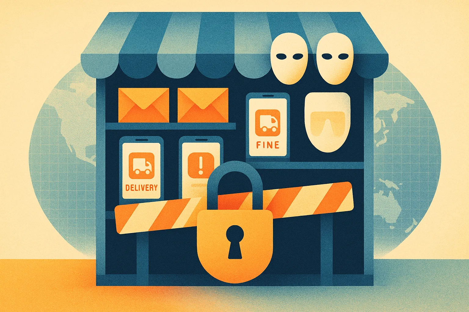 Illustration of a shadowy market stall stocked with fake messages and masks, sealed off by a large padlock in front of a glowing world map.