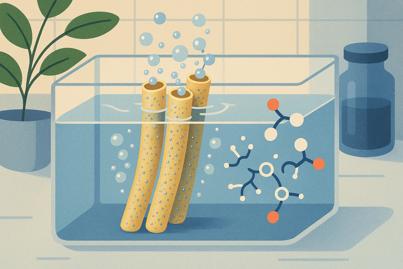 Illustration of thin membrane fibers dotted with silver metal particles in water, with molecule chains breaking apart near their surface.