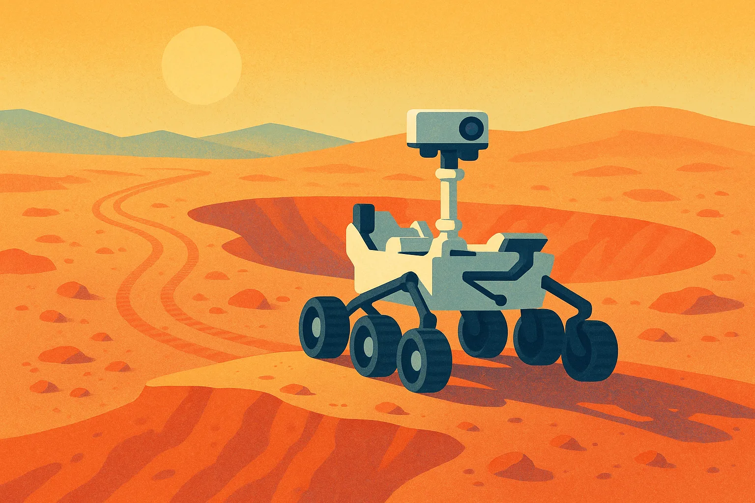 Illustration of a six-wheeled rover driving along a rocky crater rim on Mars, with a long trail of wheel tracks stretching behind it.