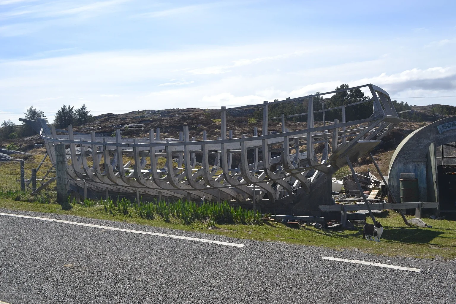 Wooden ribbed hull of a large boat under construction on grass beside a road, with a hillside behind it