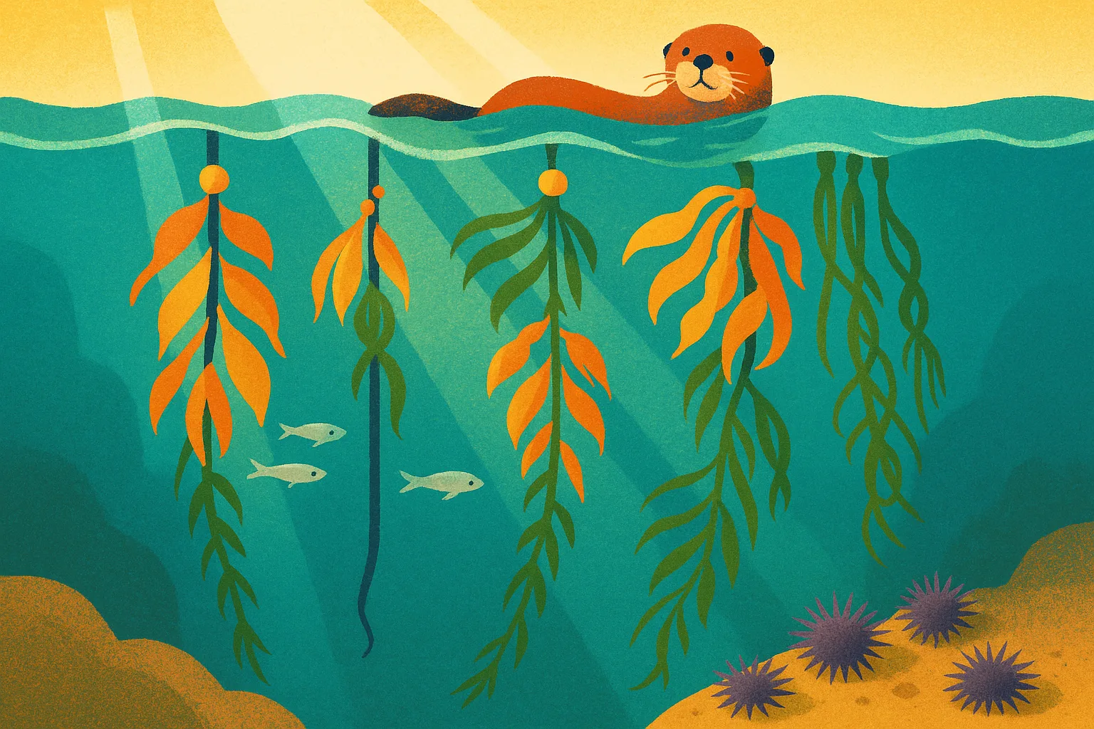 Illustration of young kelp growing on underwater ropes above a rocky seafloor with sea urchins, small fish swimming nearby and a sea otter floating at the surface.