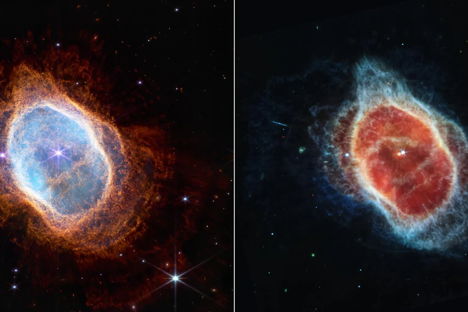 Two side-by-side infrared images of the Southern Ring Nebula, an oval shell of orange, blue and red gas around a central star.