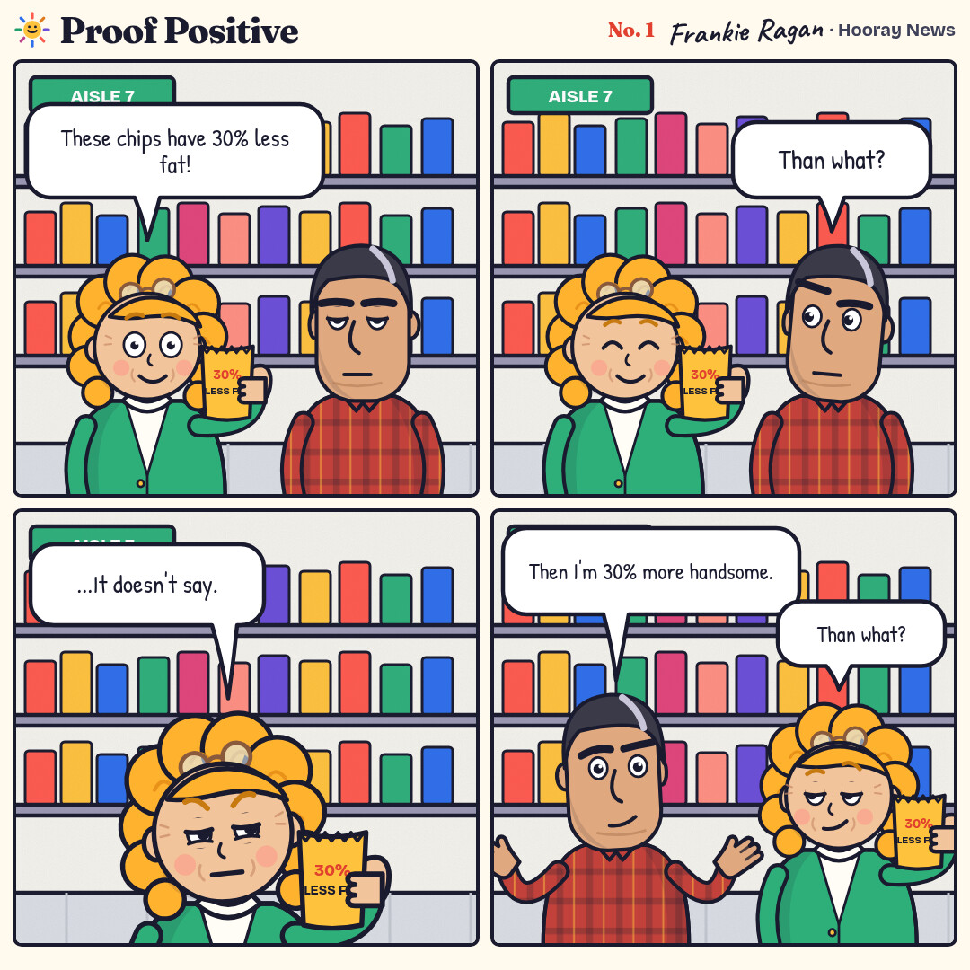 Four-panel comic in a grocery aisle. Goldie is excited that her chips have 30% less fat. Ansel asks "Than what?" She checks the bag; it doesn’t say. Ansel says he’s 30% more handsome, and Goldie answers "Than what?"