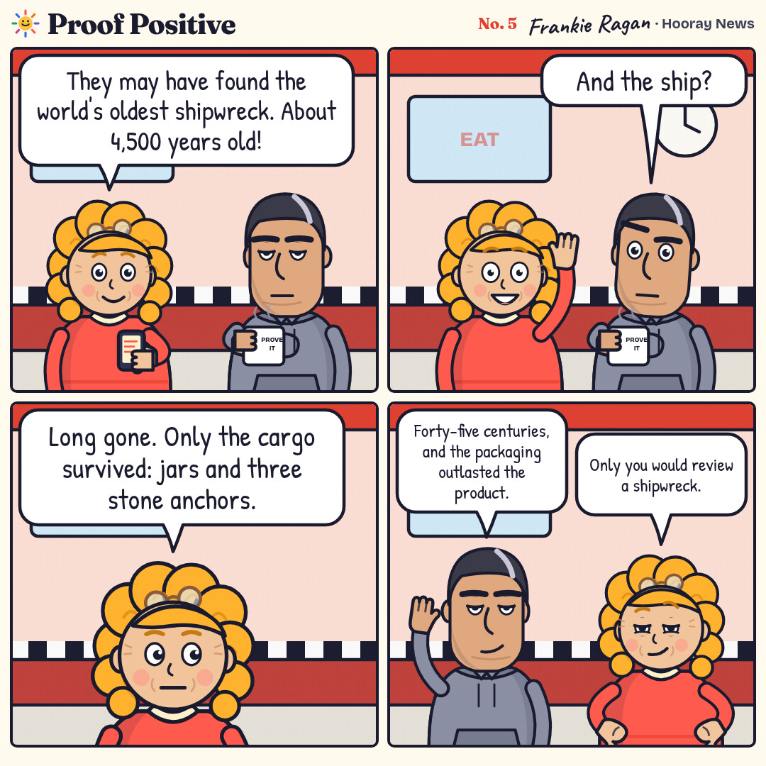 Four-panel comic in a diner. Goldie reads about what may be the world’s oldest shipwreck. Ansel asks about the ship; only the jars and anchors survived. Ansel says the packaging outlasted the product, and Goldie says only he would review a shipwreck.