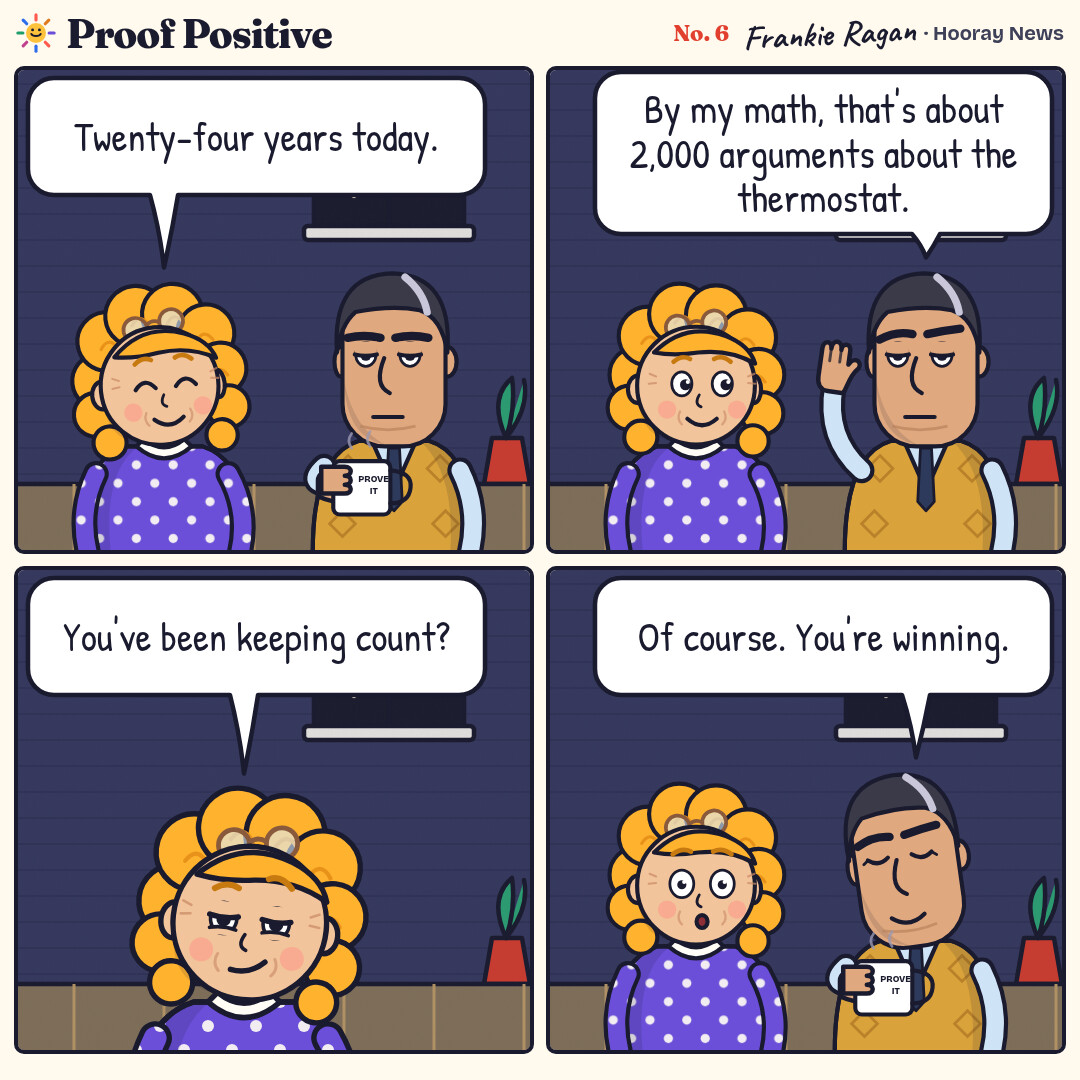 Four-panel comic on the porch at night. Goldie notes their 24th anniversary. Ansel estimates 2,000 thermostat arguments. Goldie asks if he has been keeping count; he says of course, and that she is winning.